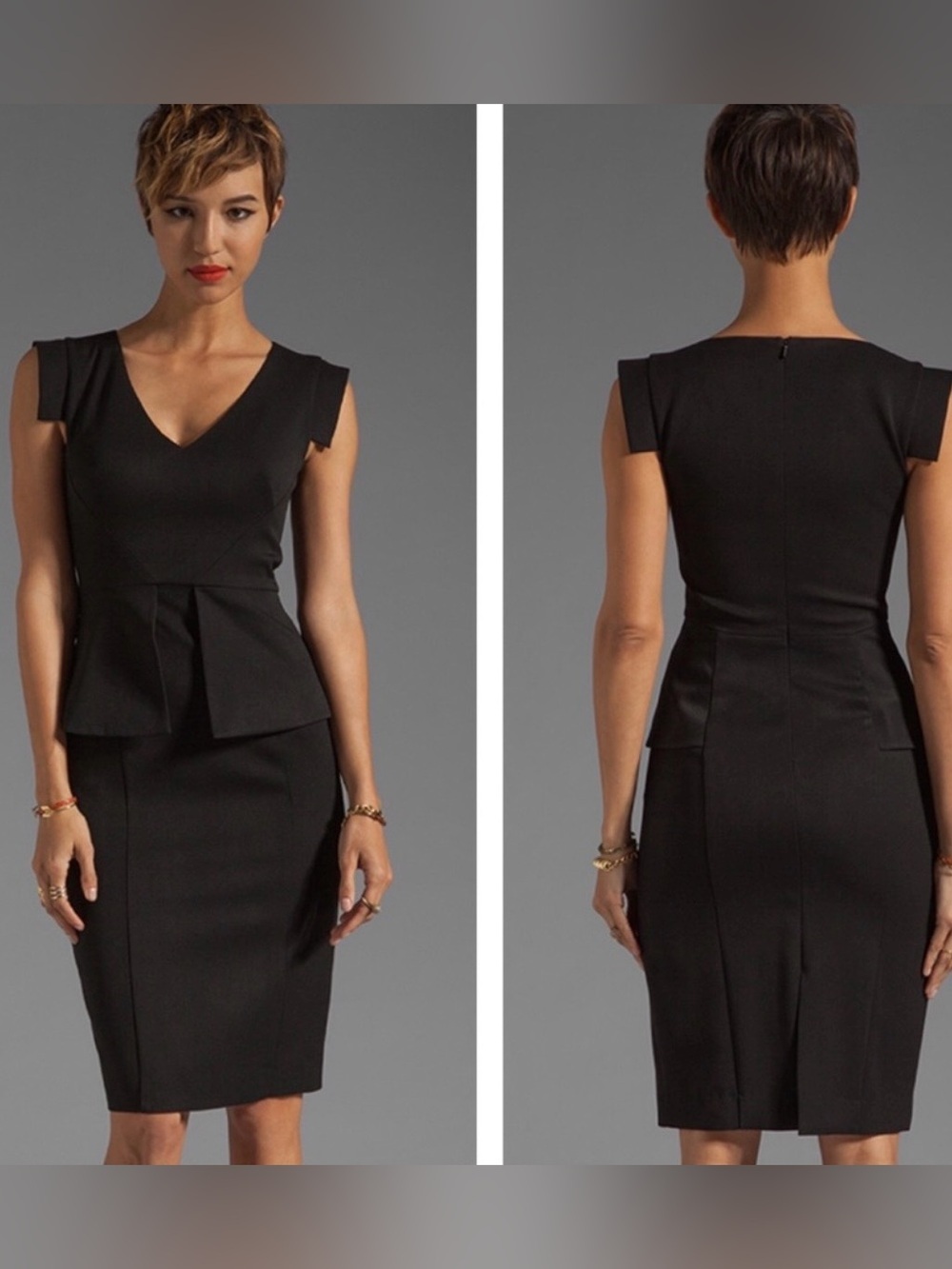 Black Halo Keyton V-Neck Peplum Sheath Dress-Silver